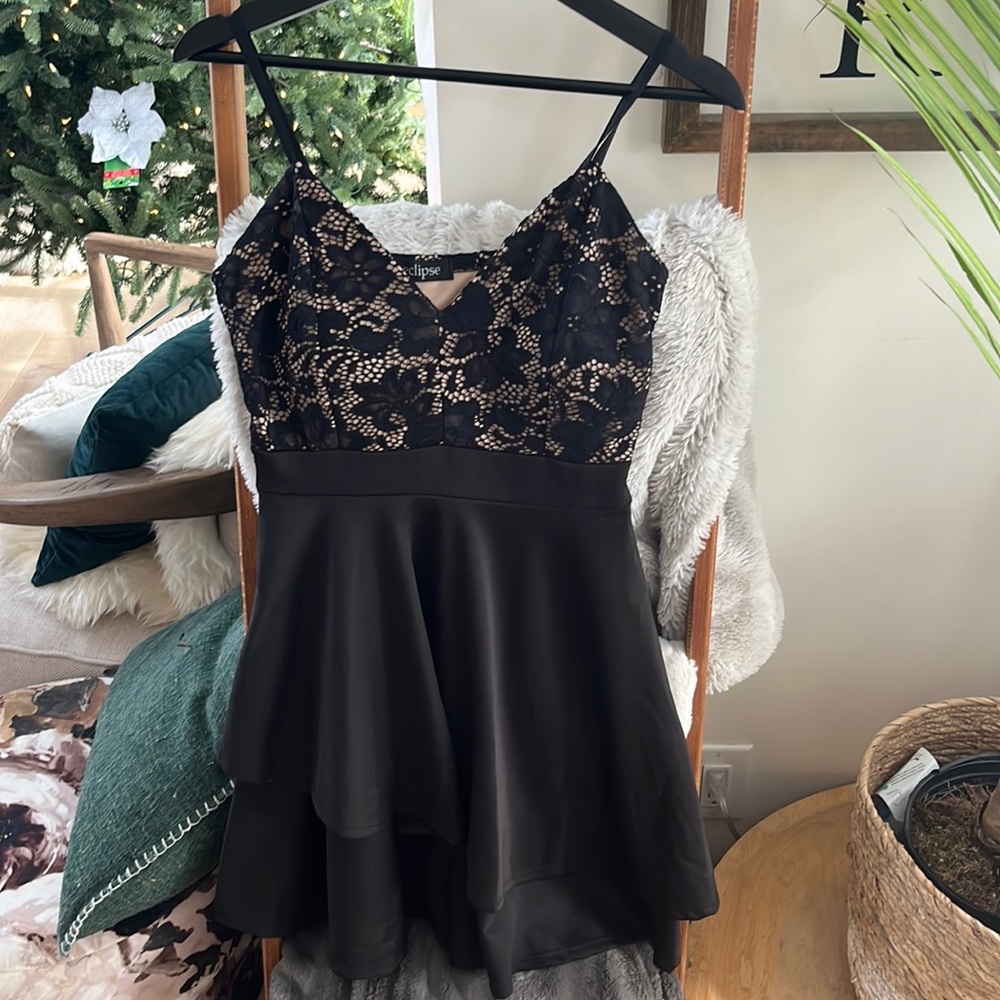Black lace overlay skirt dress